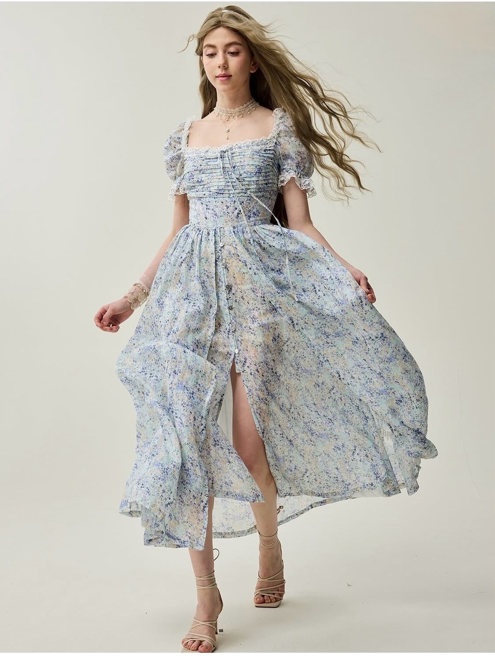 Linennaive Monet Haze 26 Dress Fairy Layered Midi Linen Dress w/Pintucks Floral